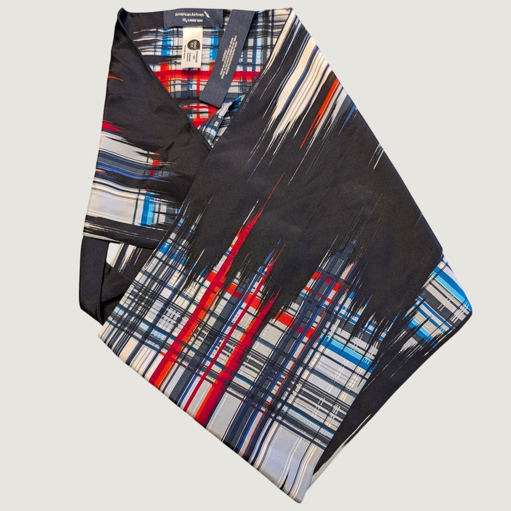 American Airline Scarf Lands End Uniform Flight Attendant Blue Red Plaid Graphic